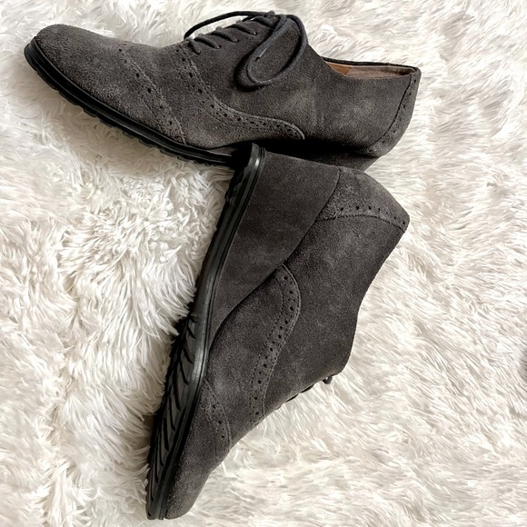 Ellen Tracy Charcoal Gray Suede Leather Lace Up Wedge Womens Wingtip Oxfords - Picture 4 of 7